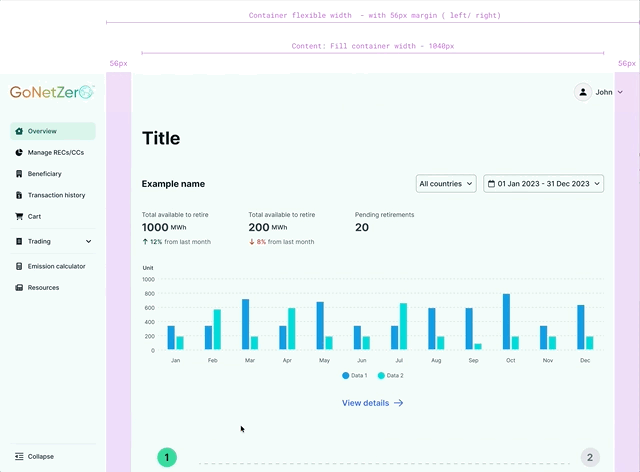 Post-login dashboard with the same grid overlaid, showing a 56px container margin and 1040px content width