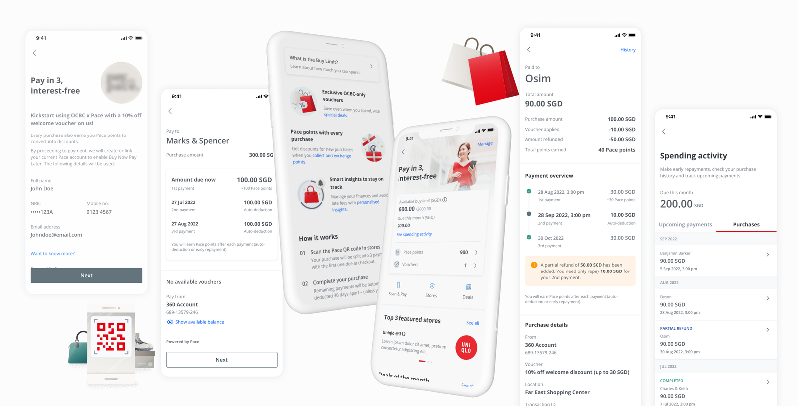 OCBC x Pace Buy-Now-Pay-Later screens: onboarding, payment split, dashboard, payment overview and spending activity