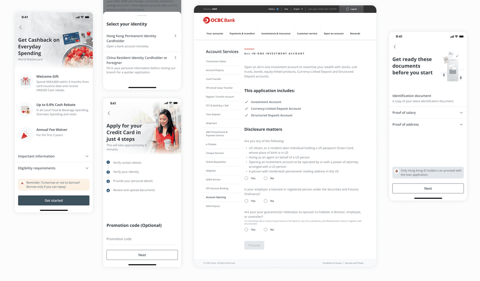 Screens showing eligibility disclosure questions, identity selection, and document preparation ahead of application