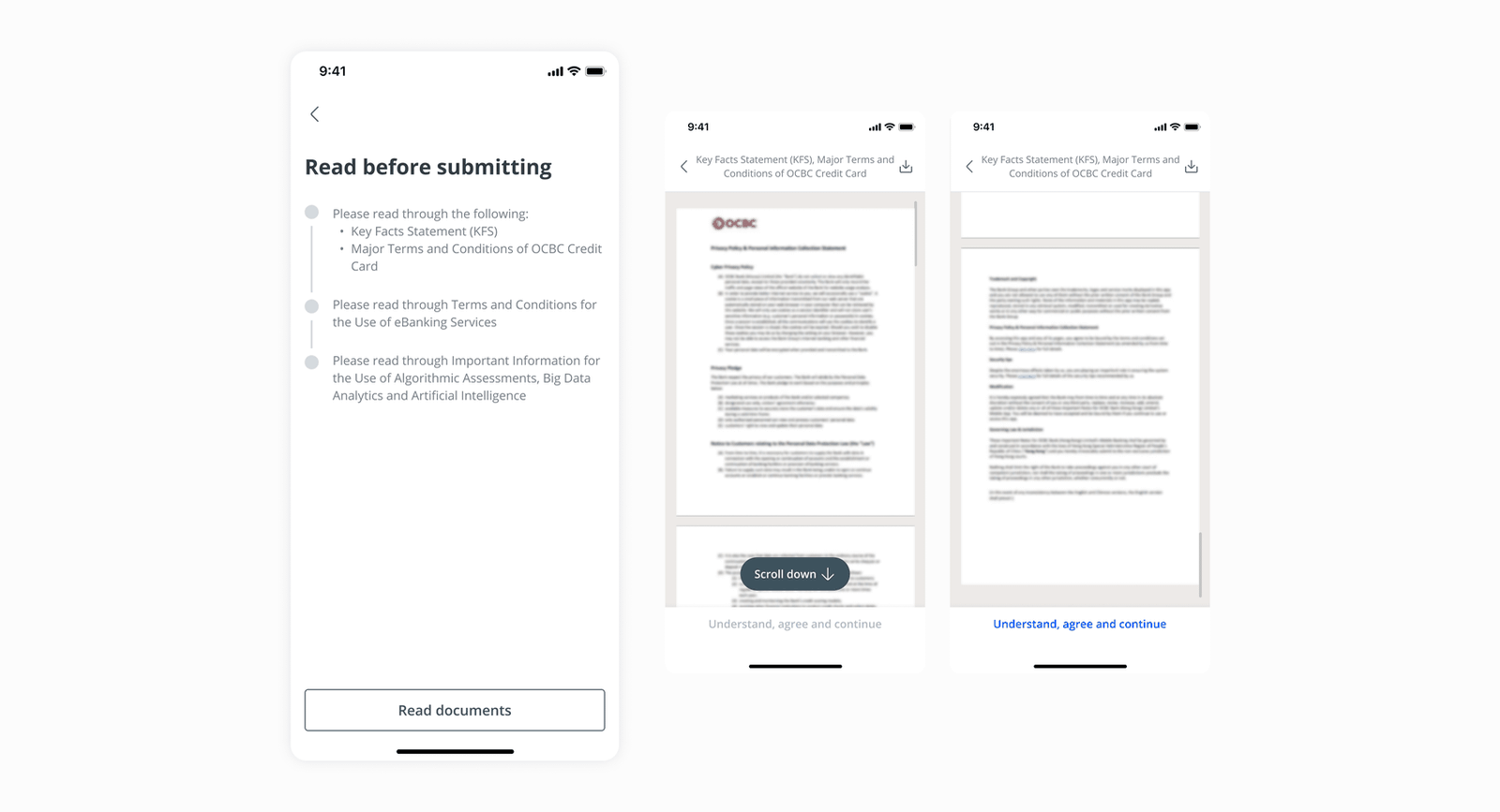 Screens showing the scroll-gated consent pattern built for Hong Kong, for reading Key Facts Statement and Terms and Conditions before agreeing
