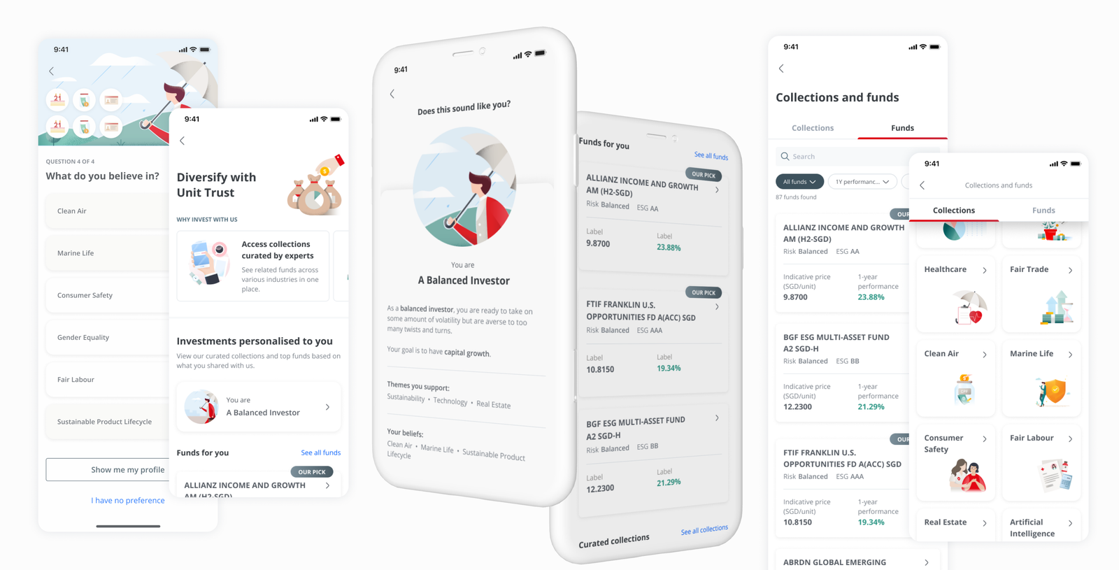 OCBC Unit Trust screens: beliefs questionnaire, Diversify with Unit Trust landing, investor profile, funds for you, and collections and funds