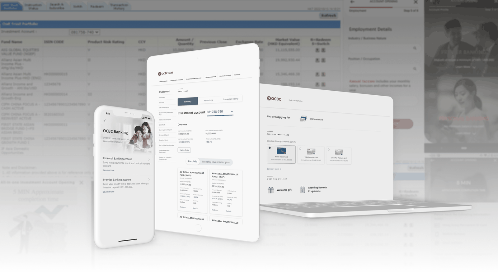 Redesigned card-based investment account view aligned across mobile and desktop, alongside credit card application screens